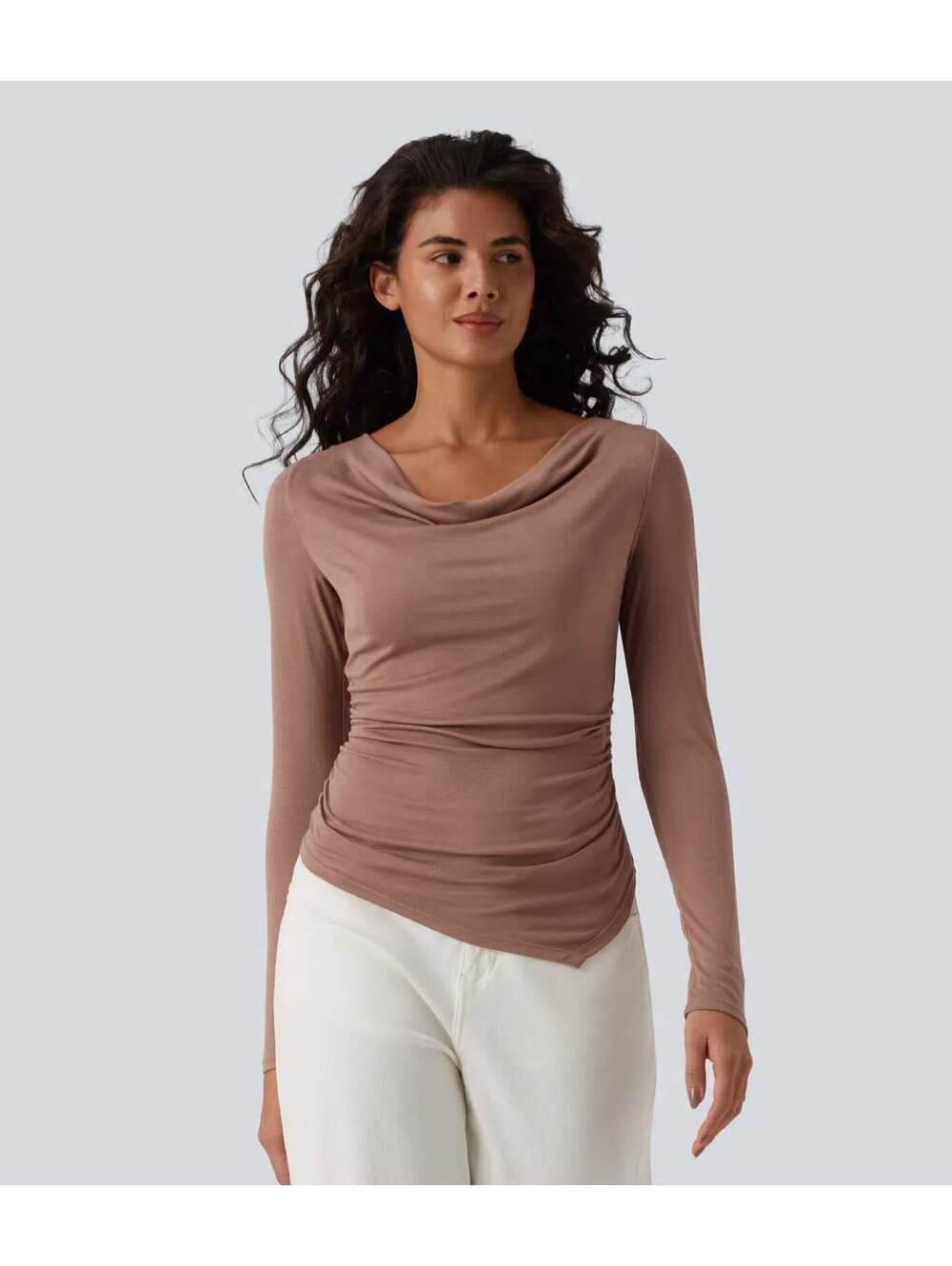 Halara Ribbed Halter Off Shoulder Ruched Asymmetric Hem Top Brown Size XS